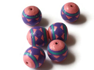 5 13mm Vintage Painted Clay Beads Pink Purple and Blue Beads Round Beads Peruvian Clay Beads to String Jewelry Making Beading Supplies