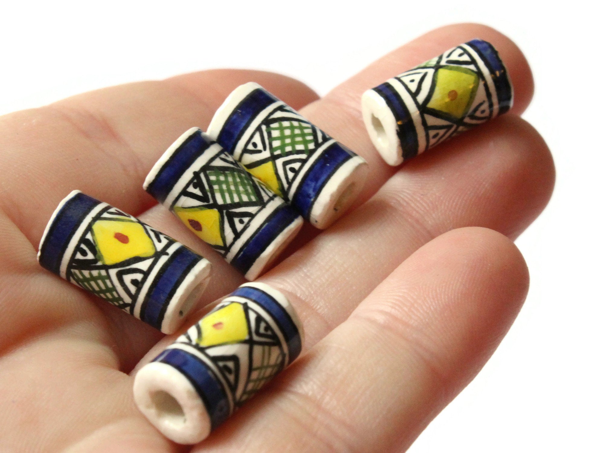 5 17mm Vintage Painted Peruvian Clay Beads - White Blue and Yellow Tube Beads by Smileyboy Beads | Michaels