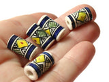 5 17mm Vintage Painted Clay Beads White Blue and Yellow Beads Tube Beads Peruvian Clay Beads to String Jewelry Making Beading Supplies