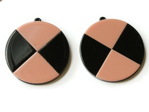 2 Pink and Black Flat Round Pendants Resin Pendants, Resin Charms Jewelry Making Beading Supplies Focal Beads Drop Beads