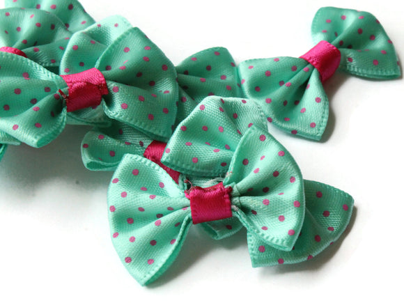 10 35mm Turquoise Green and Pink Polka Dot Bows Loose Bow Embellishments For Jewelry Making or Barrette Making or General Crafting Purposes