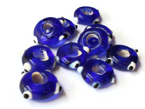 10 Royal Blue Evil Eye Beads Lampwork Glass Beads Large Hole Beads Donut Beads European Saucer Beads Jewelry Making Beading Supplies