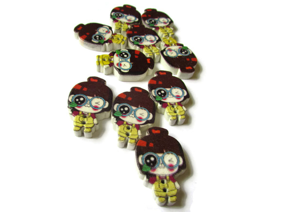10 29mm Kawaii Buttons Wooden Buttons Two Hole Buttons Cute and Nerdy Brown Hair Girl with Yellow Overalls Sewing Supplies Nerdy Buttons