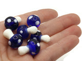 6 19mm Royal Blue and White Mushroom Beads Polka Dot Lampwork Glass Beads Plant Beads Jewelry Making Beading Supplies