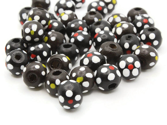 40 10mm Flower Pattern Beads Black Wood Beads Round Wooden Beads Jewelry Making Beading and Macrame Supplies Large Hole Lightweight Beads