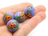 4 18mm Vintage Painted Clay Beads  Purple with Orange Flower Round Beads Peruvian Clay Beads to String Jewelry Making Beading Supplies