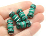 5 22mm Vintage Painted Clay Beads Green Silver and Black Patterned Bumpy Tube Beads Peruvian Clay Beads Jewelry Making Beading Supplies