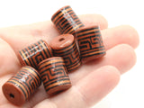 6 16mm Vintage Painted Clay Beads Reddish Brown Copper and Black  Patterned Tube Beads Peruvian Clay Beads Jewelry Making Beading Supplies