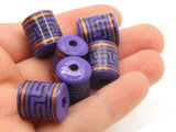 6 16mm Vintage Painted Clay Beads Purple Copper and Black  Patterned Tube Beads Peruvian Clay Beads Jewelry Making Beading Supplies