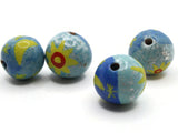 4 18mm Vintage Painted Clay Beads  Blue with Sun and Moon Round Beads Peruvian Clay Beads to String Jewelry Making Beading Supplies