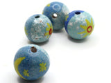 4 18mm Vintage Painted Clay Beads  Blue with Sun and Moon Round Beads Peruvian Clay Beads to String Jewelry Making Beading Supplies