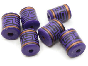 6 16mm Vintage Painted Clay Beads Purple Copper and Black  Patterned Tube Beads Peruvian Clay Beads Jewelry Making Beading Supplies