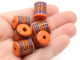 6 16mm Vintage Painted Clay Beads Orange Purple and Black  Patterned Tube Beads Peruvian Clay Beads Jewelry Making Beading Supplies