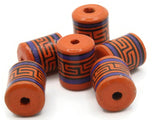 6 16mm Vintage Painted Clay Beads Orange Purple and Black  Patterned Tube Beads Peruvian Clay Beads Jewelry Making Beading Supplies