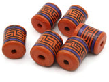 6 16mm Vintage Painted Clay Beads Orange Purple and Black  Patterned Tube Beads Peruvian Clay Beads Jewelry Making Beading Supplies