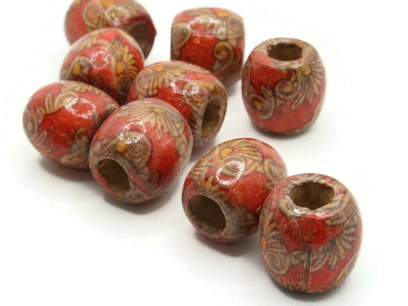 10 17mm Leaf and Vine Pattern Beads Red Wood Barrel Beads Jewelry Making Beading and Macrame Supplies Large Hole Lightweight Beads