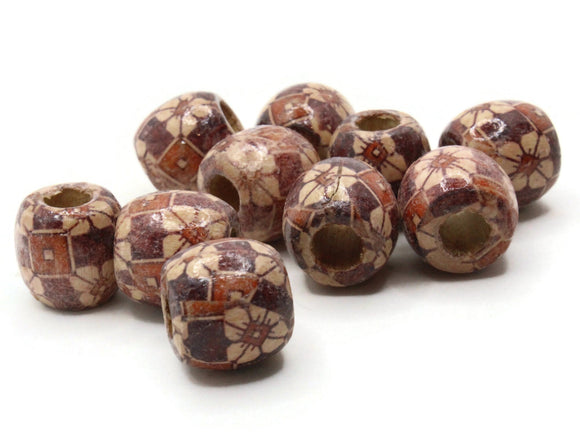 10 17mm Flower and Square Pattern Beads Brown Wood Barrel Beads Jewelry Making Beading and Macrame Supplies Large Hole Lightweight Beads