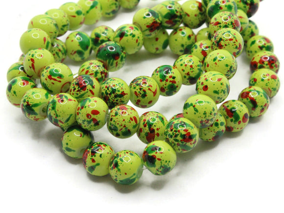 68 6mm Pink Red and Green Splatter Paint Round Glass Beads