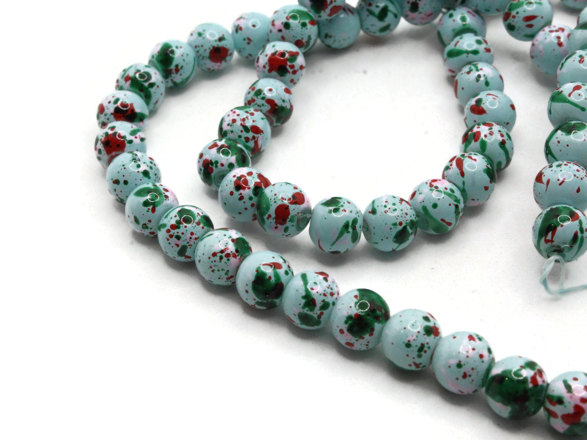 68 6mm Pink Red and Green Splatter Paint Round Glass Beads