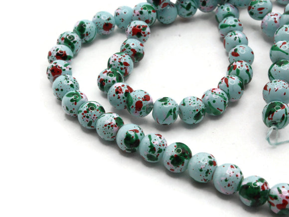 68 6mm Sky Blue with Red and Green Splatter Paint Smooth Round Beads Glass Beads Jewelry Making Beading Supplies Loose Beads to String