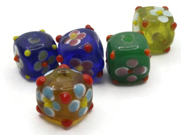 5 10mm Mixed Color Flower Lampwork Glass Beads Floral Cube Beads Jewelry Making Beading Supplies Loose Beads to String