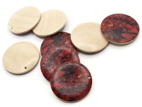 8 30mm Red and Black Pixilated Printed Wood Pendant Flat Round Wooden Beads Jewelry Making Beading Supplies