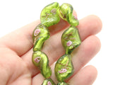 10 20mm Green with Pink and Green Flower Lampwork Glass Flat Oval Twist Beads Jewelry Making Beading Supplies Loose Floral Beads to String
