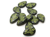 12 19mm Black Flat Teardrop Beads with Green Flowers Vintage Plastic Beads Jewelry Making Beading Supplies New Old Stock Beads to String