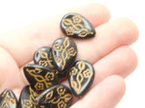 12 19mm Black Flat Teardrop Beads with Light Brown Flowers Vintage Plastic Beads Jewelry Making Beading Supplies Beads to String SmileyBoy