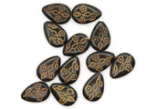 12 19mm Black Flat Teardrop Beads with Light Brown Flowers Vintage Plastic Beads Jewelry Making Beading Supplies Beads to String SmileyBoy