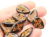 12 19mm Black Flat Teardrop Beads with Orange Flowers Vintage Plastic Beads Jewelry Making Beading Supplies Beads to String SmileyBoy