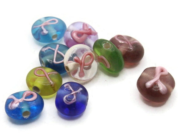 10 8mm to 11mm Mixed Color with Pink Ribbon Lampwork Glass Coin Beads Jewelry Making Beading Supplies Loose Flat Round Cancer Awareness