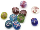 10 8mm to 11mm Mixed Color with Pink Ribbon Lampwork Glass Coin Beads Jewelry Making Beading Supplies Loose Flat Round Cancer Awareness