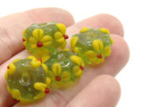 4 15mm Chartreuse Yellow with Yellow and Red Flower Lampwork Glass Rondelle Beads Jewelry Making Beading Supplies Loose Floral Beads