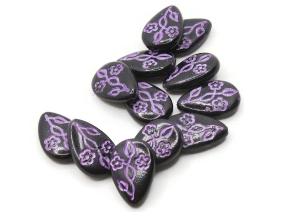 12 19mm Black Flat Teardrop Beads with Purple Flowers Vintage Plastic Beads Jewelry Making Beading Supplies New Old Stock Beads to String