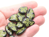 12 19mm Black Flat Teardrop Beads with Green Flowers Vintage Plastic Beads Jewelry Making Beading Supplies New Old Stock Beads to String