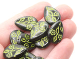 12 19mm Black Flat Teardrop Beads with Green Flowers Vintage Plastic Beads Jewelry Making Beading Supplies New Old Stock Beads to String