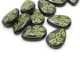 12 19mm Black Flat Teardrop Beads with Green Flowers Vintage Plastic Beads Jewelry Making Beading Supplies New Old Stock Beads to String