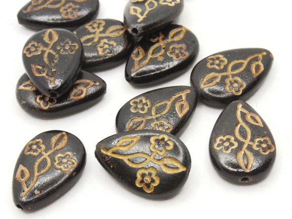 12 19mm Black Flat Teardrop Beads with Light Brown Flowers Vintage Plastic Beads Jewelry Making Beading Supplies Beads to String SmileyBoy