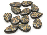 12 19mm Black Flat Teardrop Beads with Light Brown Flowers Vintage Plastic Beads Jewelry Making Beading Supplies Beads to String SmileyBoy