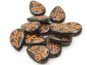 12 19mm Black Flat Teardrop Beads with Orange Flowers Vintage Plastic Beads Jewelry Making Beading Supplies Beads to String SmileyBoy