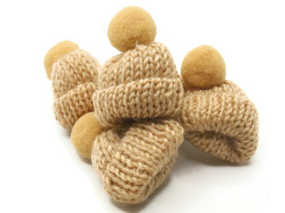 5 Teeny Tiny Beige Knit Hat with Pom Pom Charms Hats for Craft Embellishments Jewelry Making and Beading Supplies Winter Knit Tuques