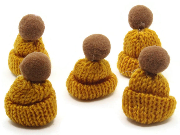 5 Teeny Tiny Golden Brown Knit Hat with Pom Pom Charms Hats for Craft Embellishments Jewelry Making and Beading Supplies Winter Knit Tuques