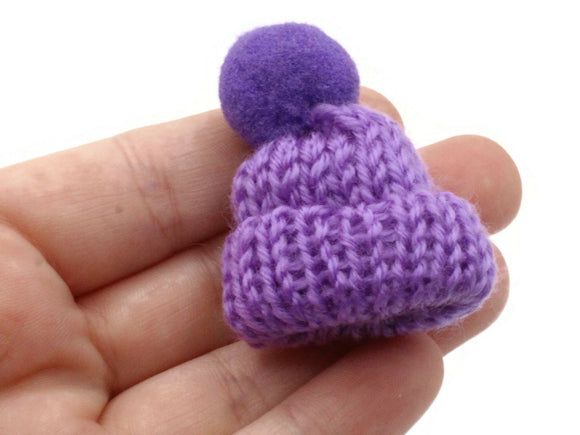 5 Teeny Tiny Dark Purple Knit Hat with Pom Pom Charms Hats for Craft Embellishments Jewelry Making and Beading Supplies Winter Knit Tuques