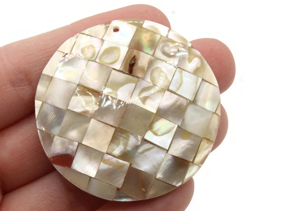 44mm Cream and Brown Natural Checkerboard Shell Pendant Round Coin Bead Jewelry Making Beading Supplies
