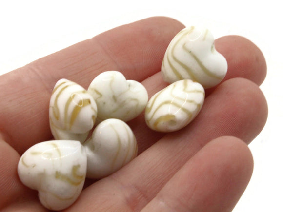 6 15mm White with Yellow Striped Lampwork Glass Beads Heart Beads Jewelry Making Beading Supplies Loose Beads to String