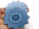 2 61mm Blue Printed Wood Flower Pendant Flat Wooden Beads Jewelry Making Beading Supplies