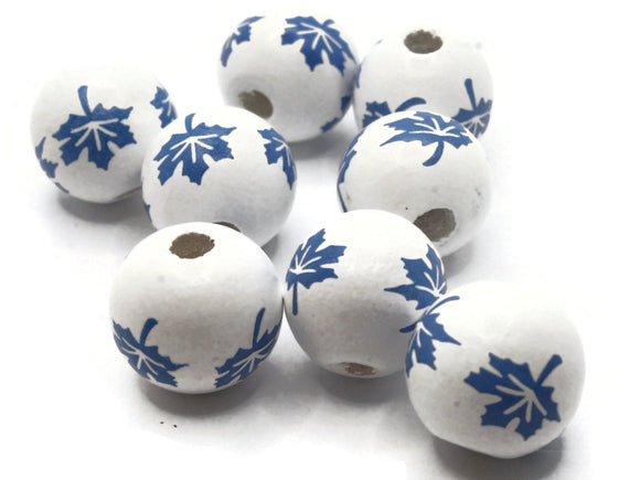 8 16mm White with Blue Leaves Wood Beads Round Leaf Beads Wooden Beads Ball Beads Jewelry Making Beading Supplies Smileyboy