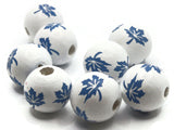 8 16mm White with Blue Leaves Wood Beads Round Leaf Beads Wooden Beads Ball Beads Jewelry Making Beading Supplies Smileyboy