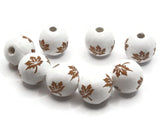 8 16mm White with Brown Leaves Wood Beads Round Leaf Beads Wooden Beads Ball Beads Jewelry Making Beading Supplies Smileyboy